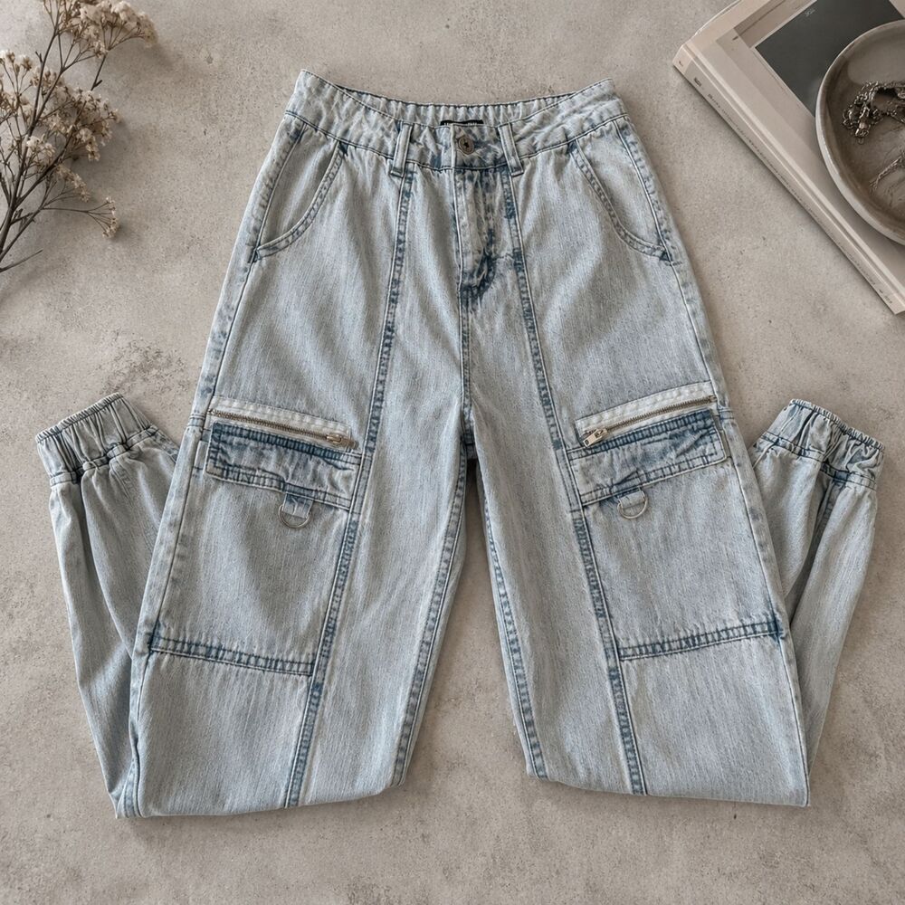 Hot Topic Y2K Utility Denim Cargo Joggers Light Acid Wash 100% Cotton 27" Inseam
